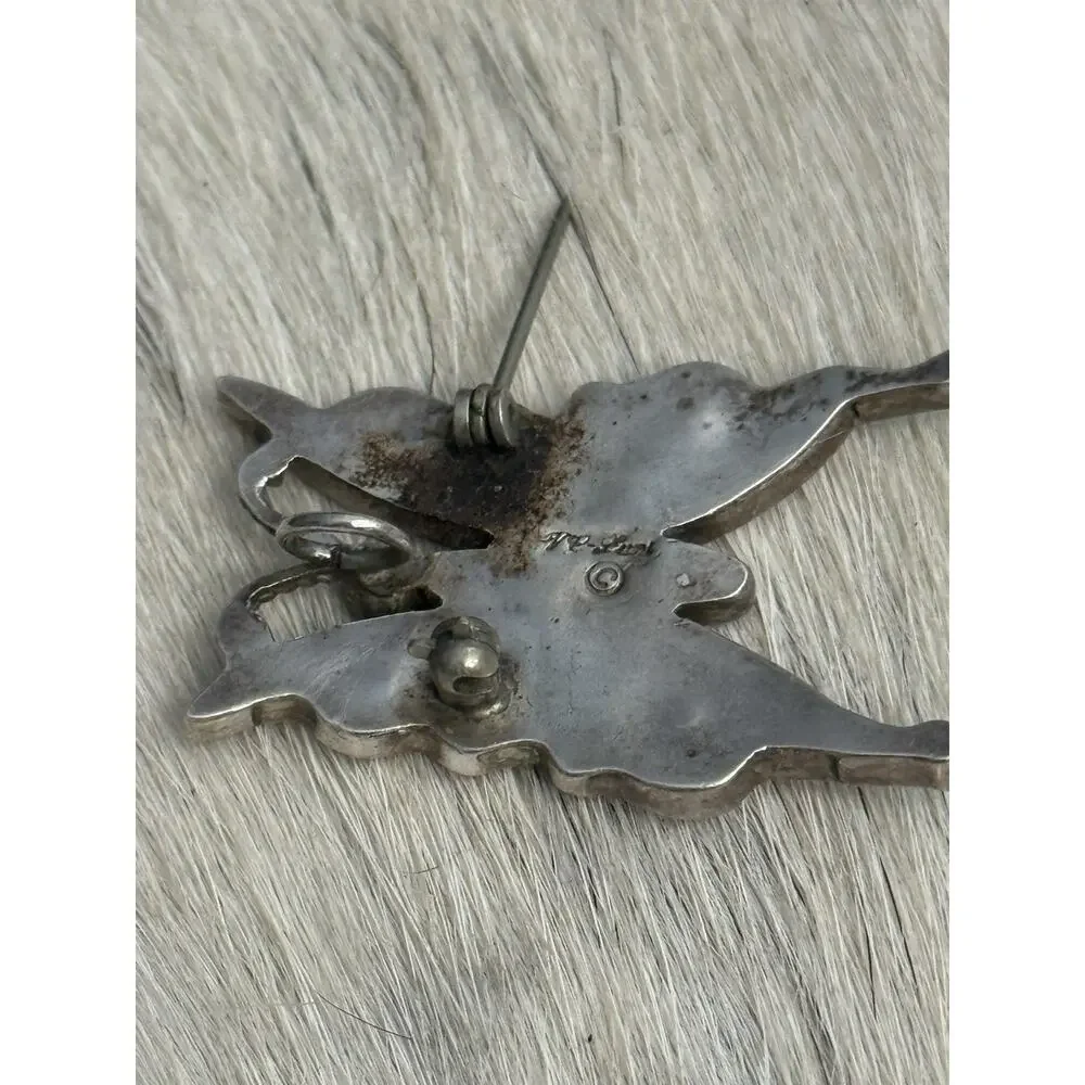 Zuni Sterling Silver VE inlay Butterfly Pendant Pin Turquoise Coral Shell Onyx